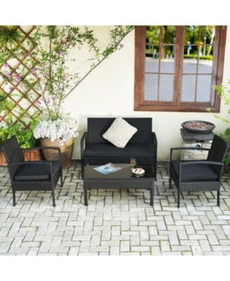 Set Of 4 Outdoor Patio Rattan Furniture Set Cushioned Sofa Coffee Table Garden Deck