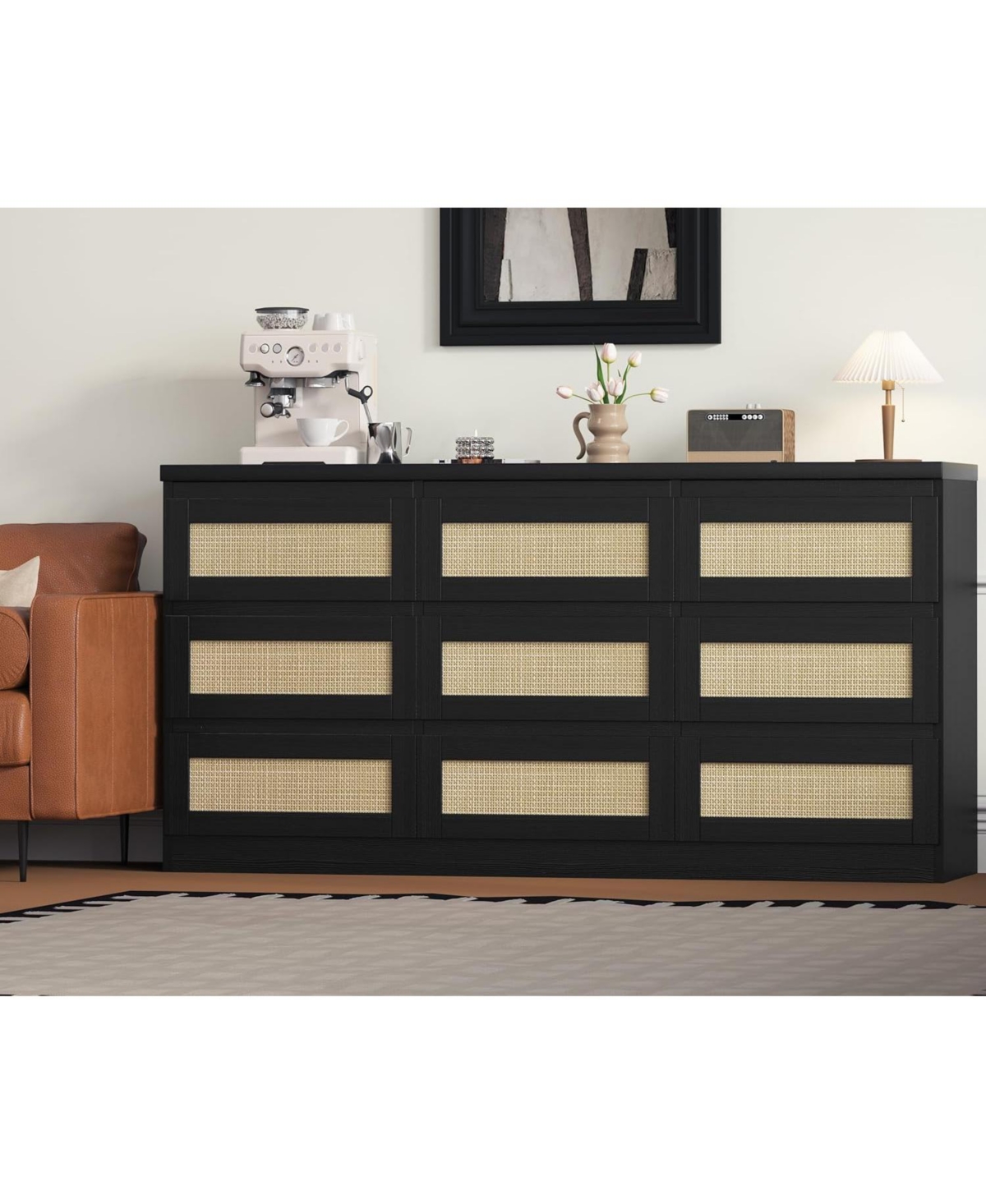 gaomon Rattan 9 Drawer Dresser with Charging Station, Farmhouse Chest of Drawers, Wide Closet Storage Organizer for Bedroom, Living Room