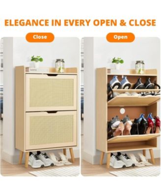 Slim Rattan 2 Drawer Anti Tip Hidden Shoe Storage Cabinet