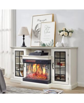 59" Fireplace TV Stand, Modern Farmhouse Media Console for 65" TVs, Glass Door Storage, LED Lighting, Adjustable Flame