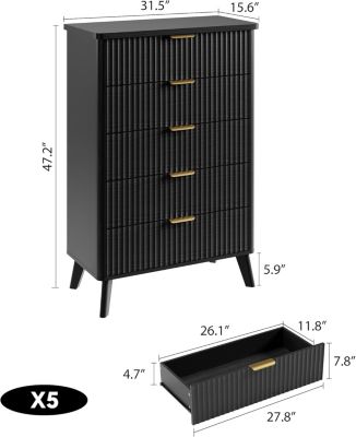 Fluted Dresser for Bedroom with 5 Deep Drawers, 47.2 in Tall Chest of Drawers, Curved Profile Design, Modern Wooden Dresser
