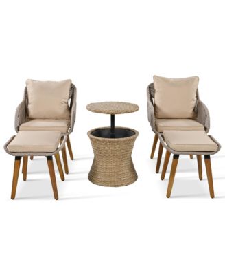 5 Piece Brown Patio Conversation Set with Rope Weaving Chairs Cool Bar Table Ottomans for Porch Poolside