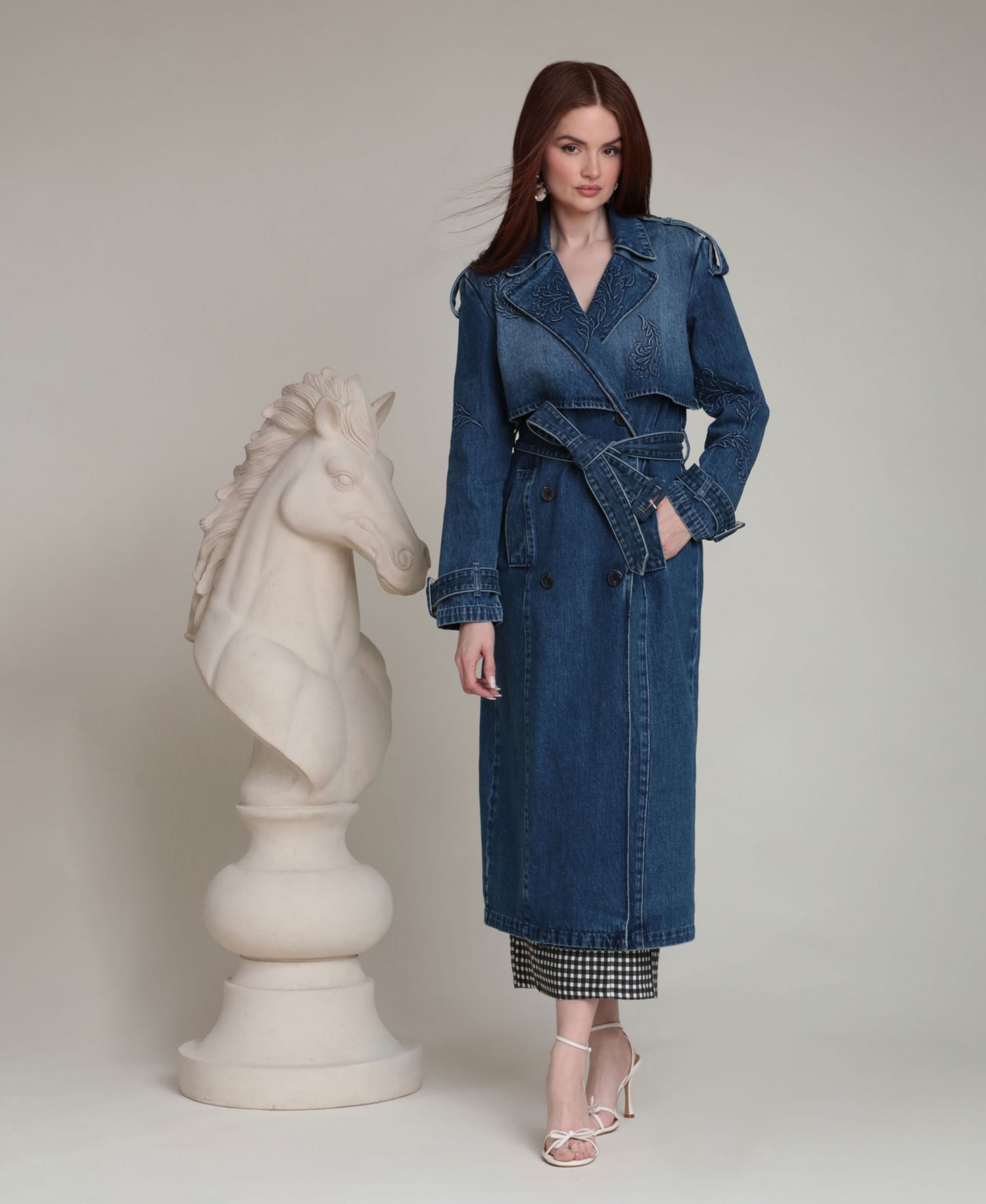 Women's Long-Sleeve Embossed Trench Coat