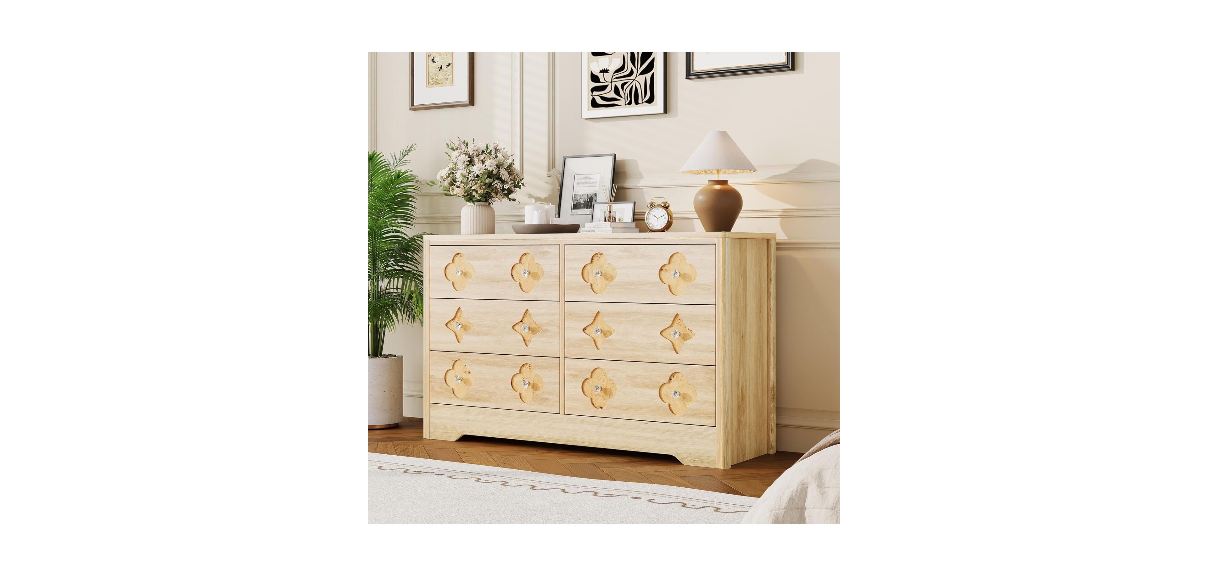 gaomon 6 Drawer Dresser for Bedroom, Wide Dresser, Boho Chest of Drawers, Wooden Chest with Clothes Storage Cabinet, Decorative Drawer Front Organizer