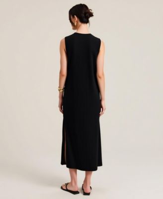 Women's Sleeveless Ribbed Knit Crewneck Side Slit Midi Dress