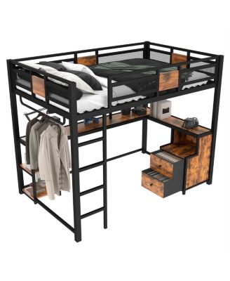 Metal Frame Full Loft Bed with Desk and Storage, No Spring Box Needed