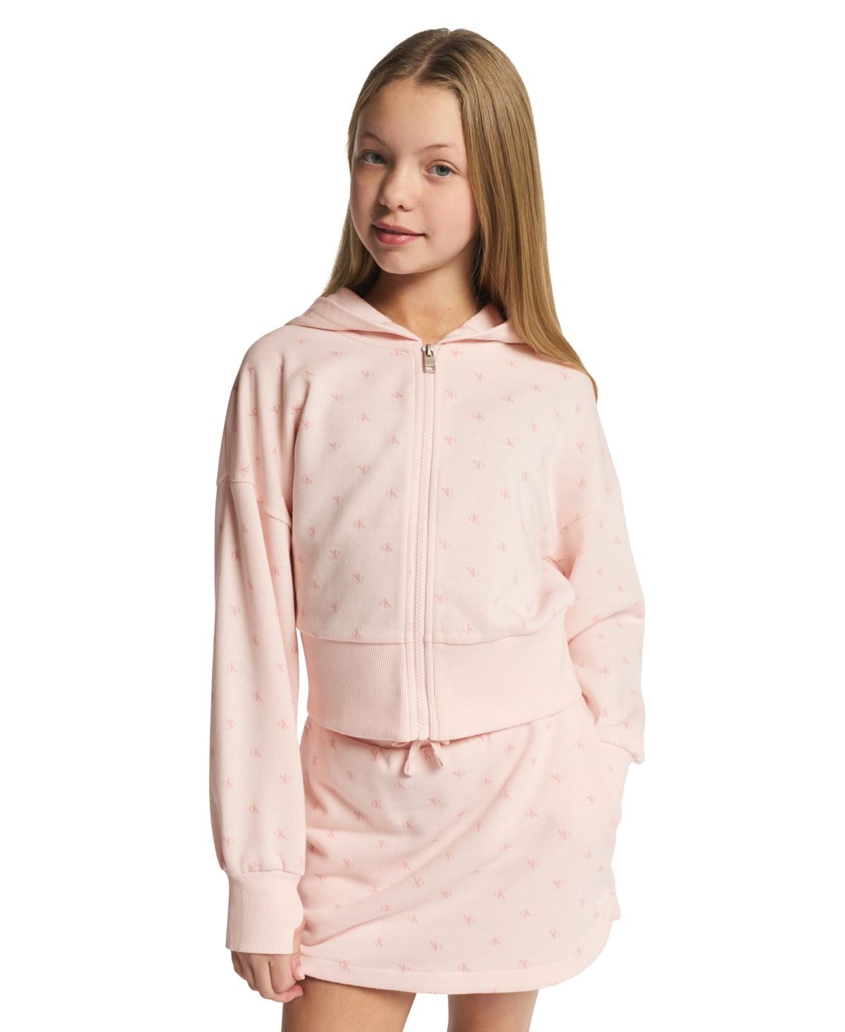 Calvin Klein Girls' 7-16 Flocked Zip-Front Hoodie