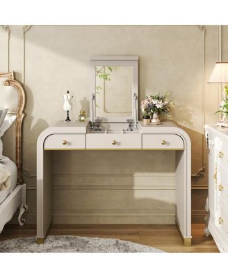Classic Wood Vanity Desk with Flip Mirror & 2 Drawers, Champagne