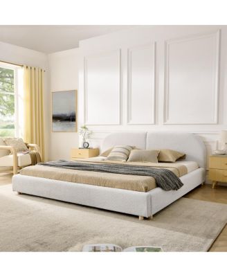 King Size Beige Upholstered Bed Frame with Curved Headboard