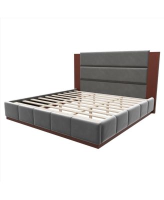 Velvet Upholstered King Bed Frame with Extended Wood Headboard