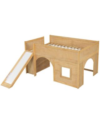 Streamdale Full Size Wooden Low Loft Bed with Storage, Slide, Door & Window