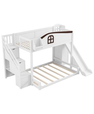Streamdale Twin over Full Bunk Bed w/Storage Stairs, Shelf, Slide, Wardrobe