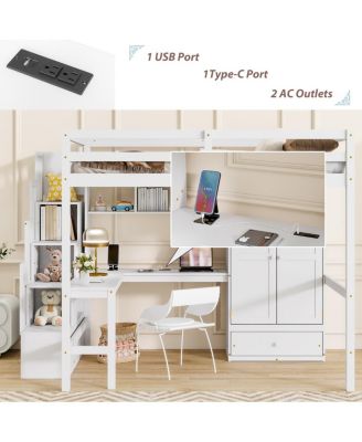  Full Size Loft Wood Bed with Desk, Shelves, Wardrobe, Staircase