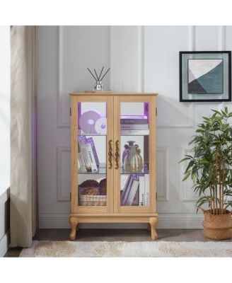 Elegant Light Oak Curio Cabinet with Glass Doors, LED