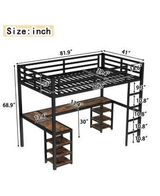 Twin XL Metal Loft Bed with Desk, Shelves, Ladder & Guardrails