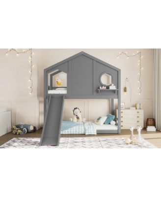 Twin House Bunk Bed with Slide & Storage Shelves, Solid Wood Loft Bed