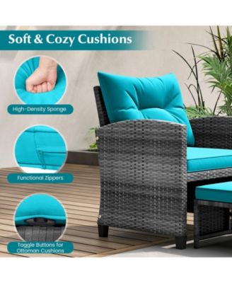 5 Piece Patio Rattan Furniture w/ 2 Ottomans & Tempered Glass Coffee Table Outdoor