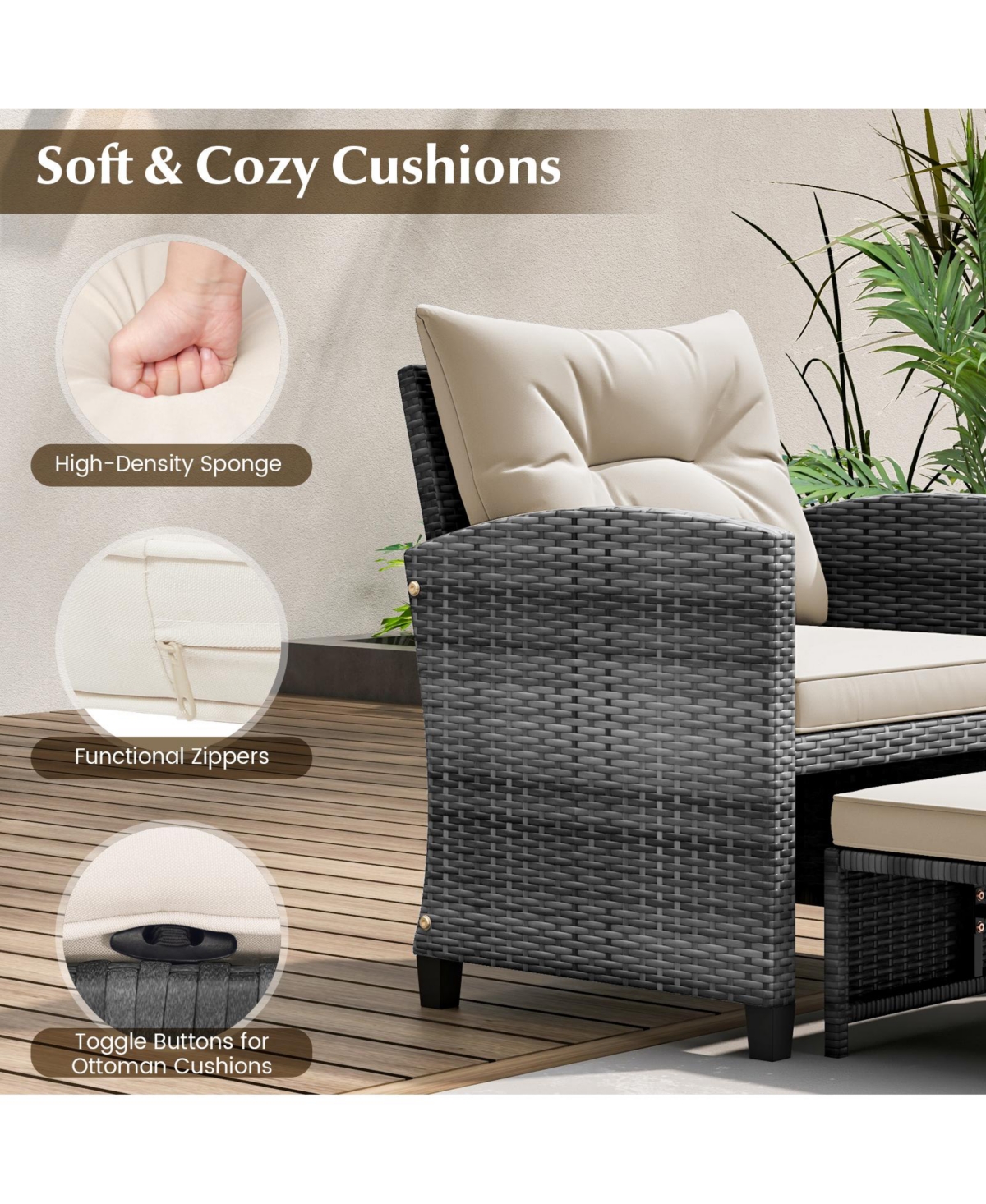 Gymax 5 Piece Patio Rattan Furniture w/ 2 Ottomans and Tempered Glass Coffee Table Outdoor