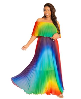 Plus Size Ombre Off Shoulder Pleated Maxi Dress