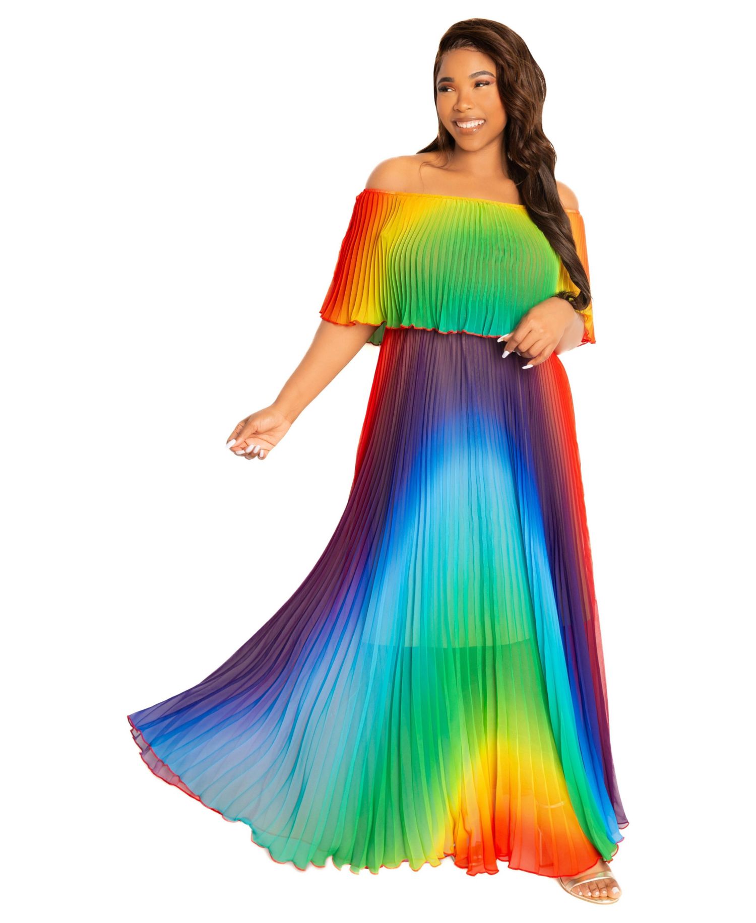 Plus Size Ombre Off Shoulder Pleated Maxi Dress