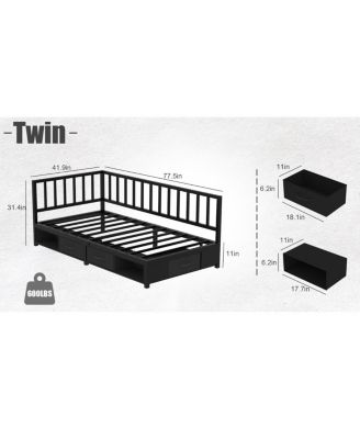 Corner Bed Frame Twin Daybed with Storage Drawers & LED Light
