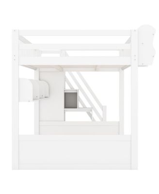 Queen Size Wooden Loft Bed with Staircase, Wardrobe & Storage