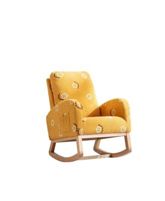 Mustard Boucle Modern Nursery Rocking Chair Mid Century Accent Armchair Side Pocket High Back Wooden Legs for Living Room Kids Bedroom