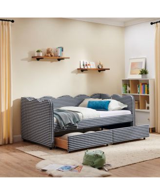 Twin Size Gingham Daybed w/ 2 Drawers, USB Port & Wave Shape