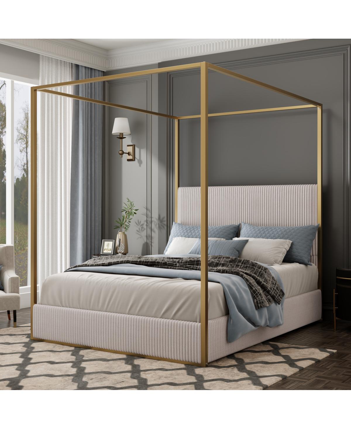 Streamdale Furniture Modern Luxury Metal Canopy Bed with Corduroy Headboard