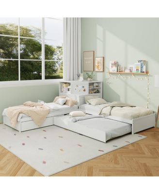 L-Shaped Twin Bed Frame w/ Trundle, Drawer, Desk & LED