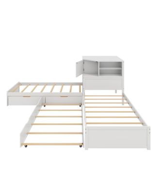 L-Shaped Twin Bed Frame w/ Trundle, Drawer, Desk & LED