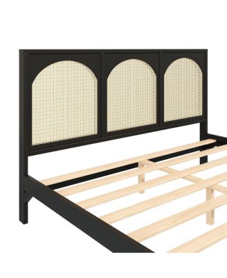 King Size Wood Platform Bed with Rattan Headboard 