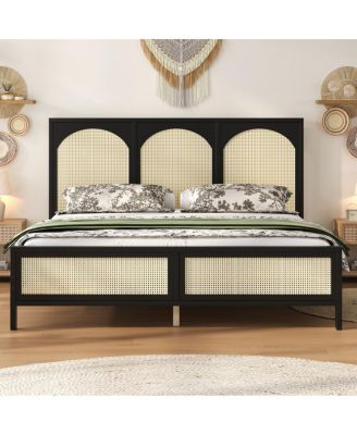 King Size Wood Platform Bed with Rattan Headboard 