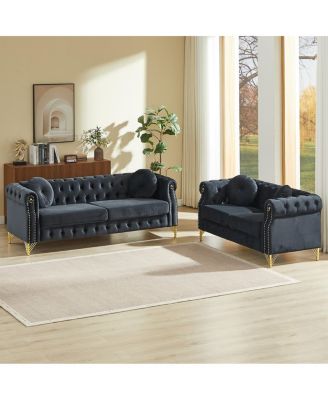 Velvet Copper Studs & Tufted Buttons, Metal Legs Chesterfield Sofa