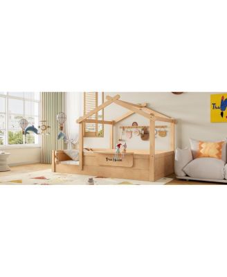 Streamdale Twin Size House Floor Bed with Guardrails, Roof, Tray & Signboard