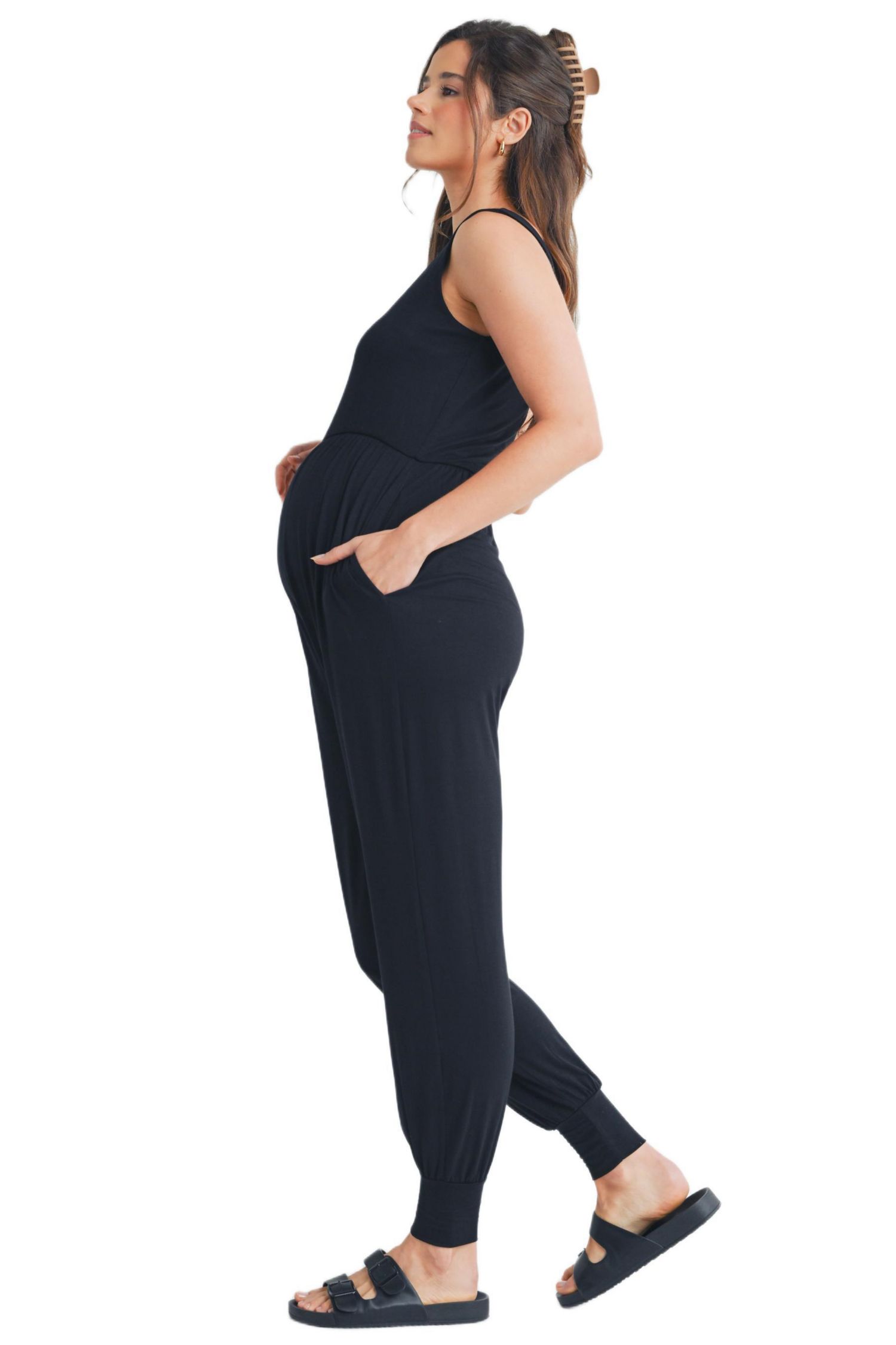Maternity Sleeveless Scoop Neck Jumpsuit with Pockets