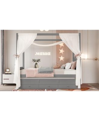 Twin Platform Bed with Upholstered Headboard, Trundle, 3 Drawers & Canopy