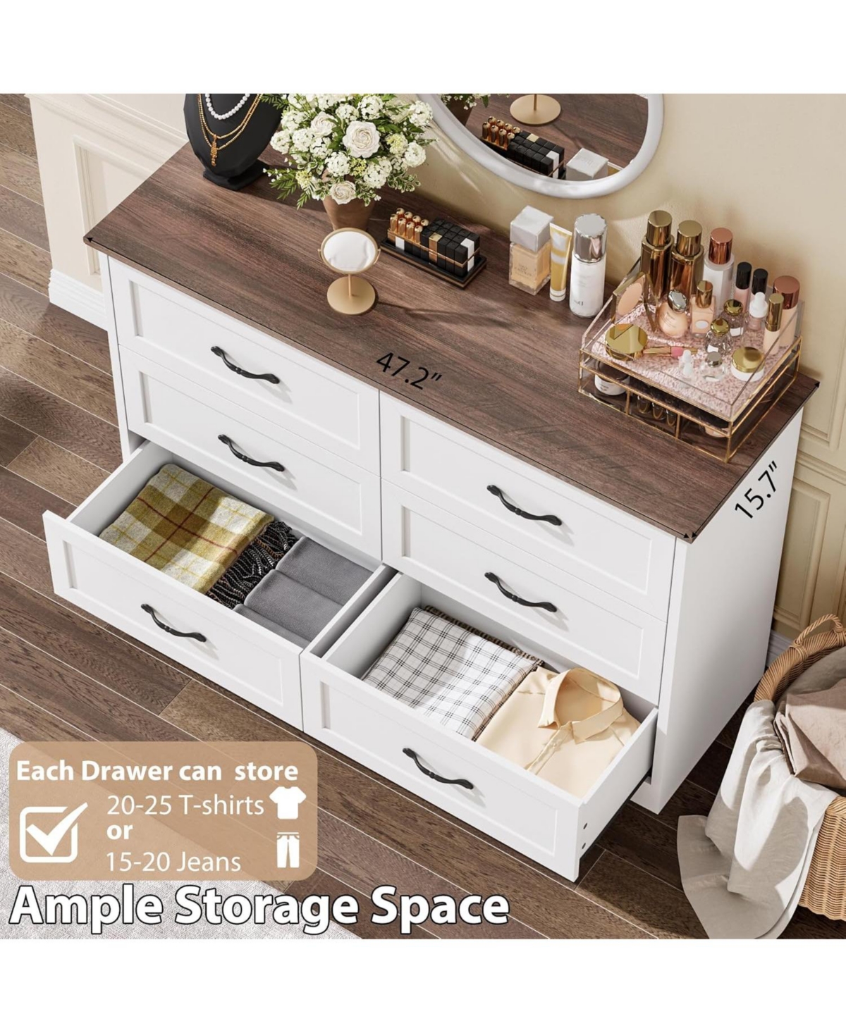 Gaomon 6-Drawer Dresser, Farmhouse Wooden Storage Chest with Wide Handles for Bedroom, Living Room