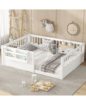 Full Floor Bed with Fence and Bookshelf, Wood Kids Bed