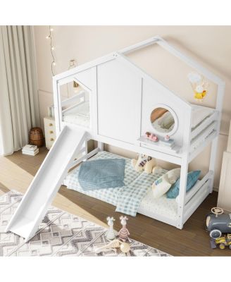 Twin House Bunk Bed with Slide & Storage Shelves, Solid Wood Loft Bed