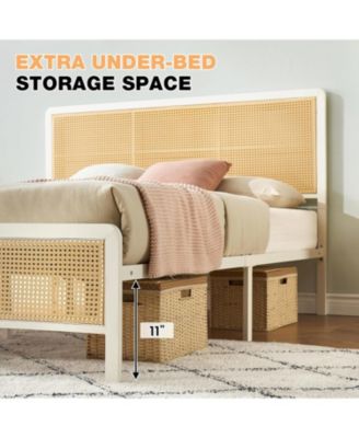 Queen Size Rattan Bed Frame with headboard, modern boho cane design, sturdy steel slat support, no box spring needed.