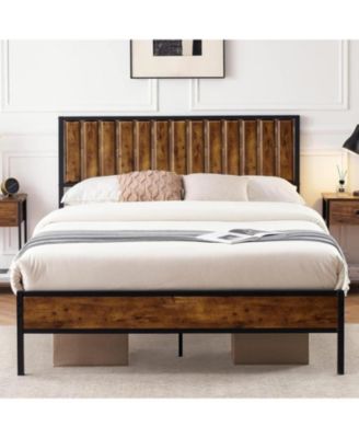 Bed Frame with Headboard Footboard Rustic Wood Bedframe Farmhouse Platform Bed Frame with Metal Slat Wrought Rod, Brown