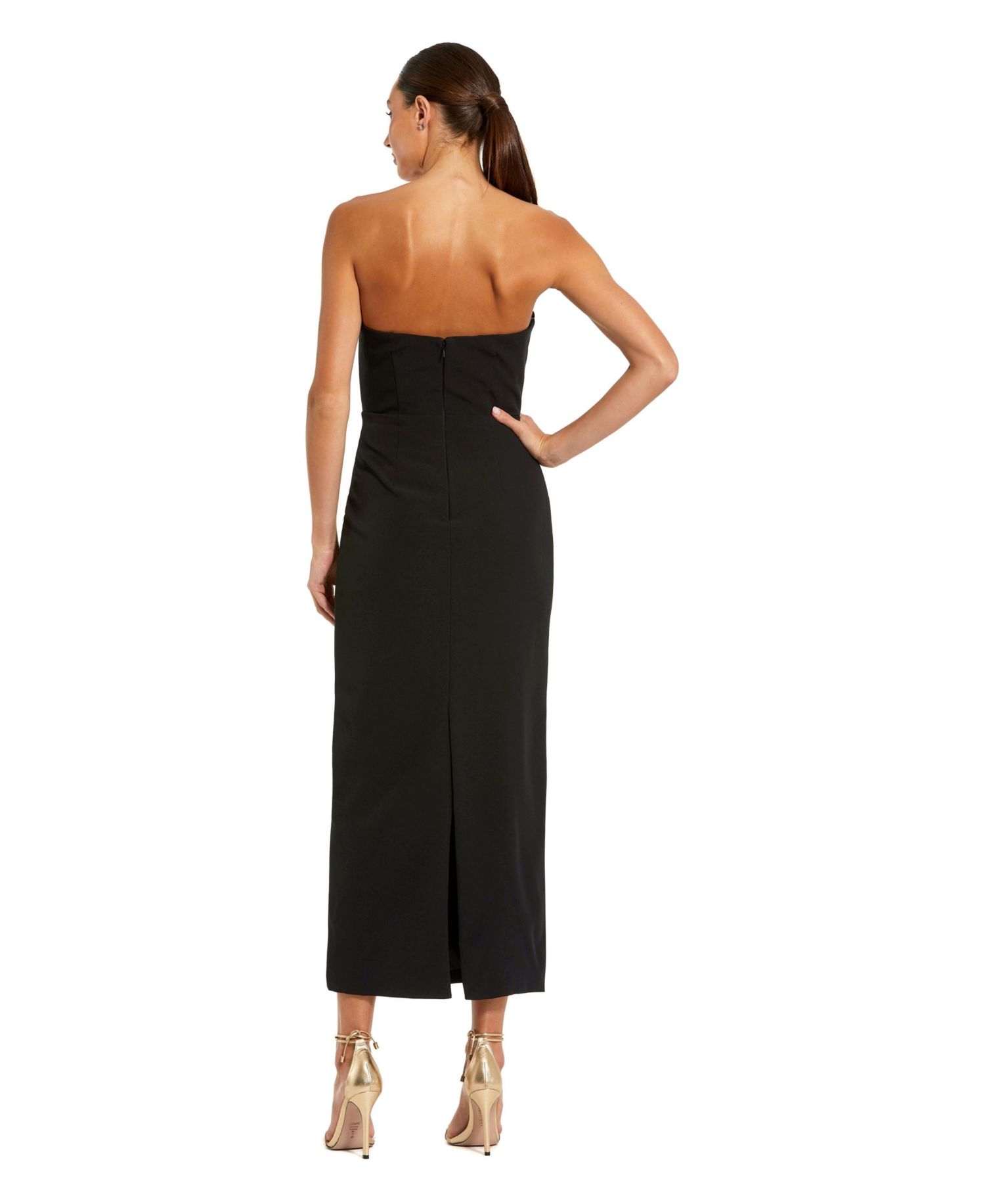Women's Strapless Crepe Ankle Dress With 3D Satin Flowers