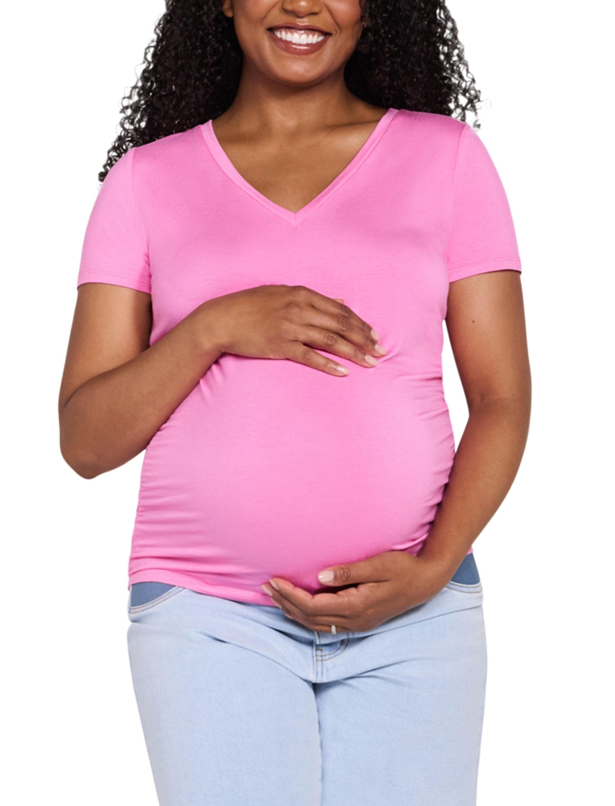 Motherhood Maternity Maternity Motherhood V-Neck Side-Ruched Short Sleeve Tee - Wild orchid