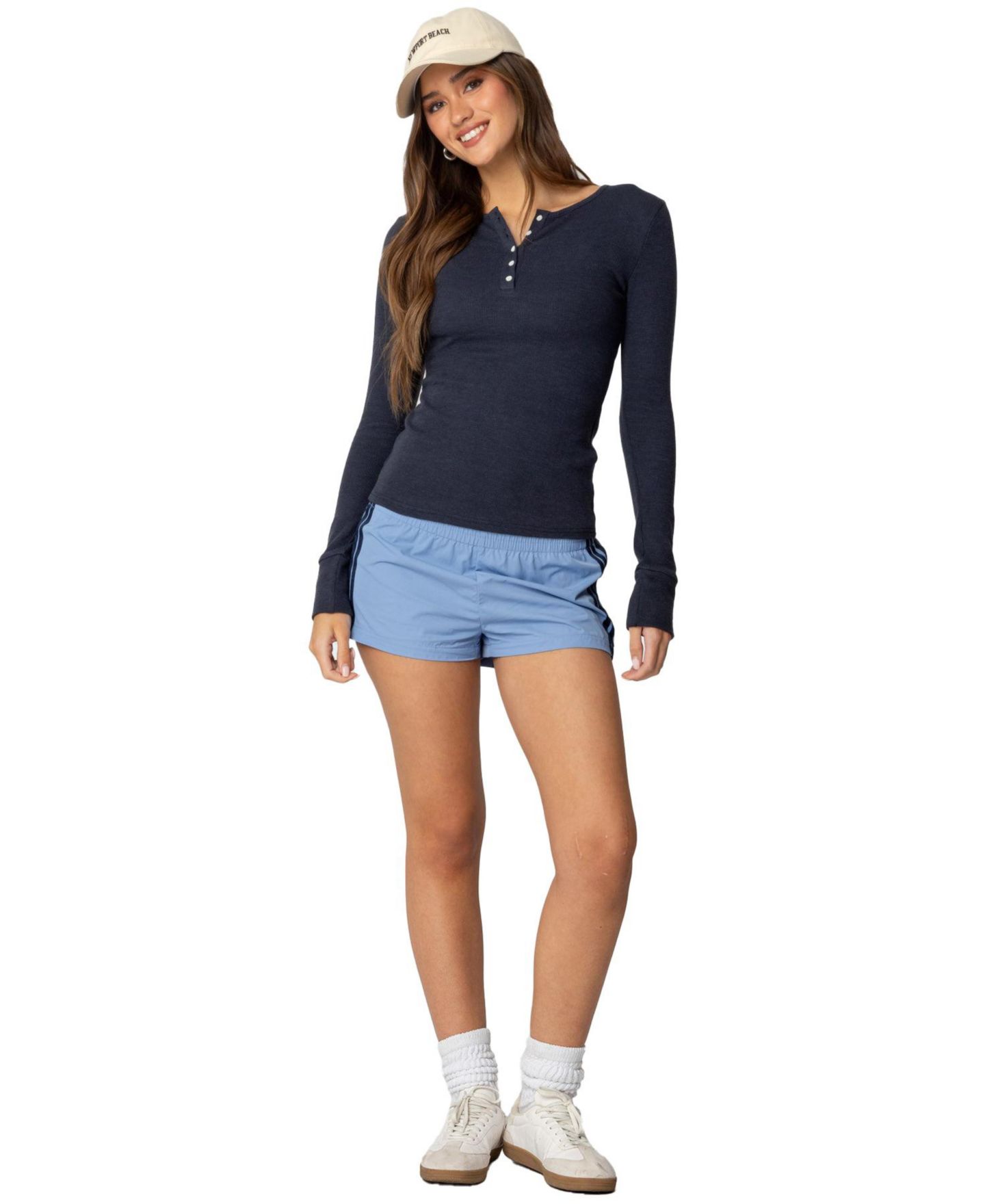 Женская футболка Edikted Helaine Waffle Henley T, цвет: Тёмный синий — фото 5