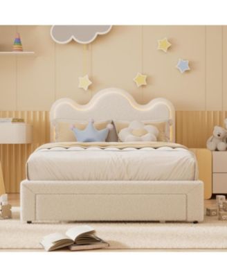 Bed Frame with Adjustable Upholstered Headboard Princess Boucle Bed Frame with LED Light Drawers Strong Wood Slat Support