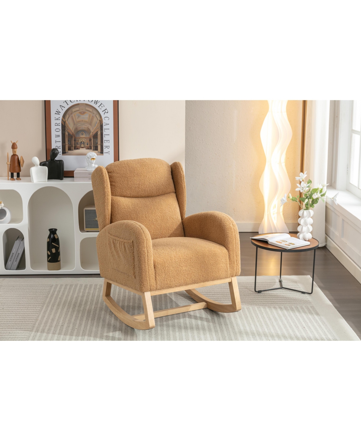Flynama Khaki Teddy Fabric Rocking Chair with Wooden Frame Legs Built in Packet Ergonomic Backrest 300 Lbs Capacity for Living Room Bedroom
