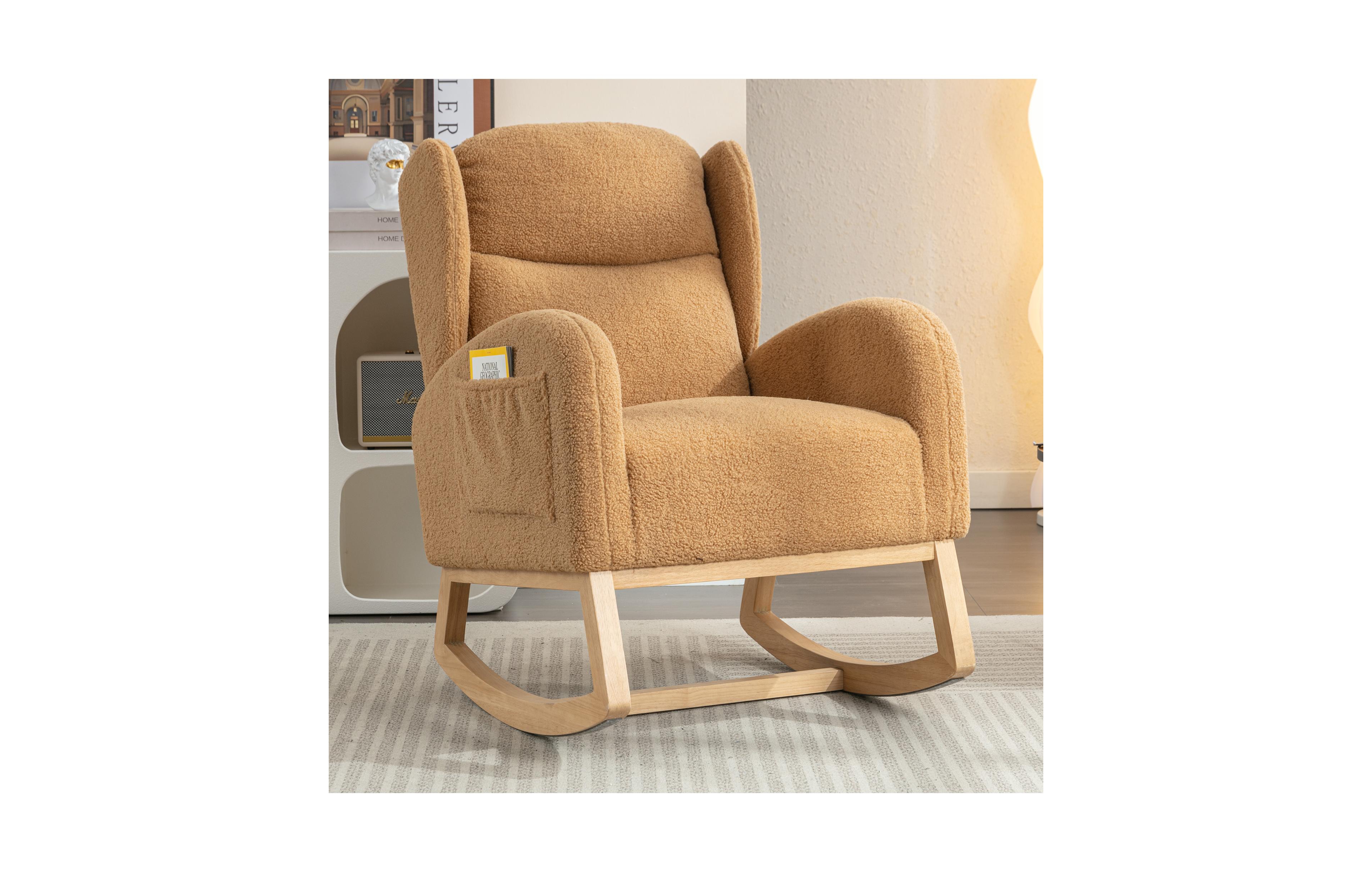Flynama Khaki Teddy Fabric Rocking Chair with Wooden Frame Legs Built in Packet Ergonomic Backrest 300 Lbs Capacity for Living Room Bedroom