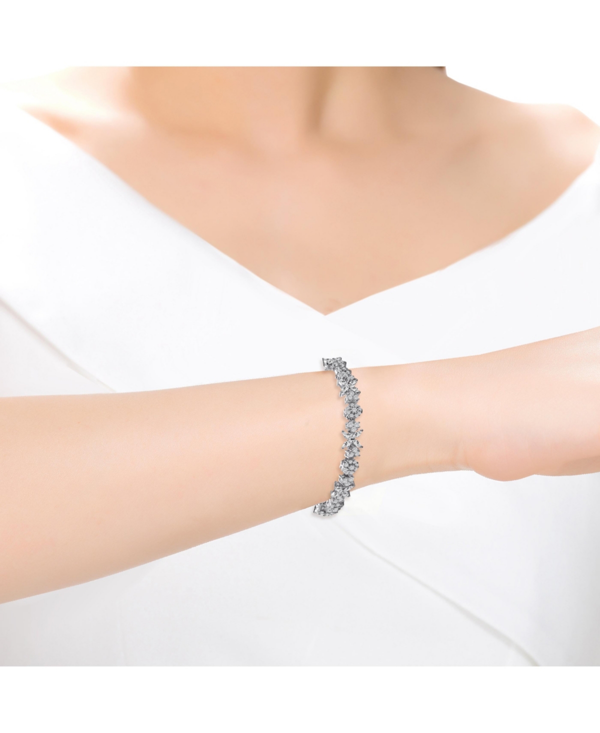 Sterling Silver with White Gold Plated Clear Round and Marquise Cubic Zirconia Cluster Flower-Inspired Tennis Bracelet