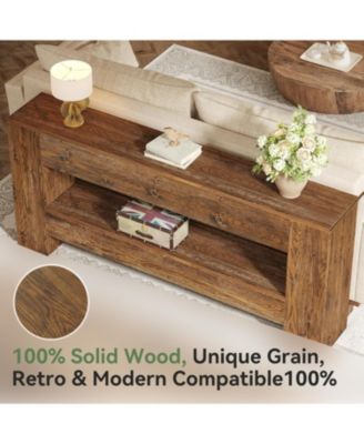 63-Inch Solid Wood Console Table, Farmhouse Entryway Table with 2-Tier Storage Shelf, Rustic Wood Narrow Long Sofa Table Behind Couch